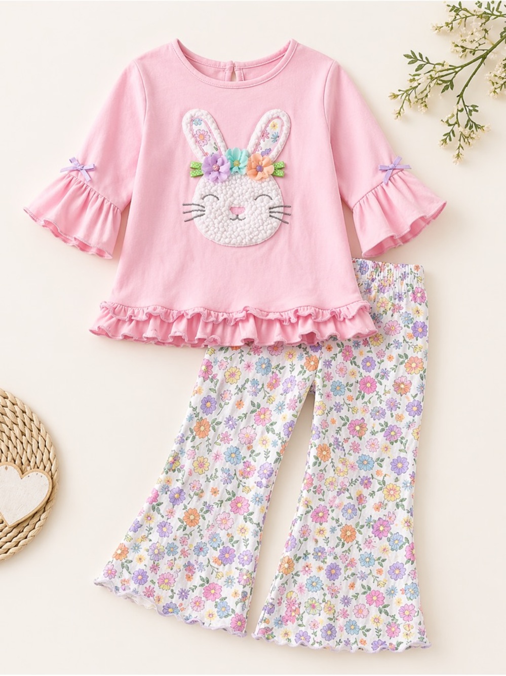 Goodlad‎ Girls 2 Piece Outfit Set Size 4T Bunny Applique Top Floral Pants Easter